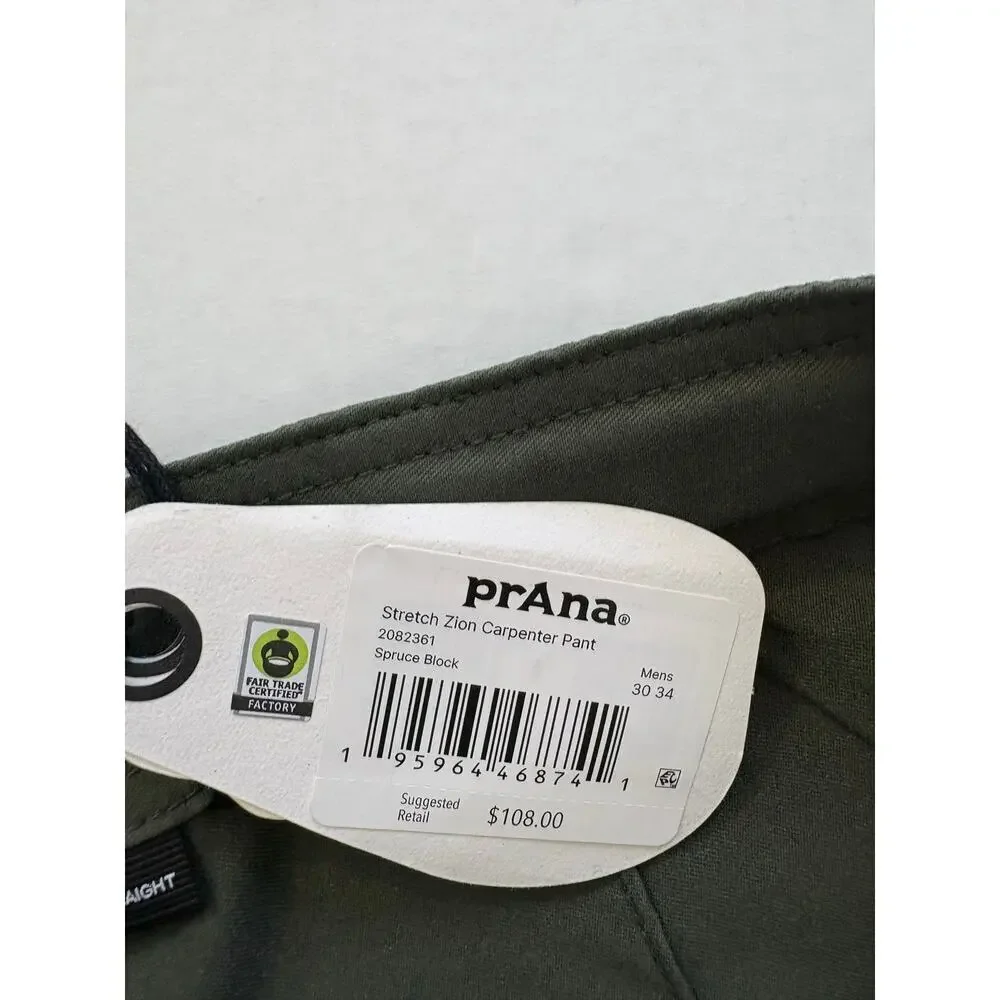 Prana Men's Stretch Zion Carpenter Pants Spruce Block Size 30W x 34L Gorpcore